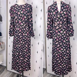 Zara Black Floral Midi Maci Long sleeve Cottagecore Rose Dress sz. S boho light